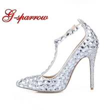 Т-образным ремешком женская обувь на высоких каблуках острый носок пикантные Стекло Кристалл Свадебная вечеринка обувь лодыжки ремни Свадебная обувь серебряный камень