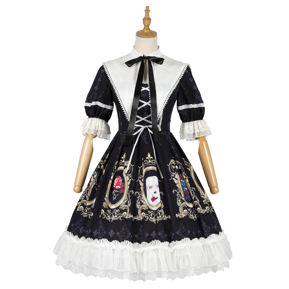 

Black Gothic Lolita Dress Short Sleeve Dismountable Collar Ruffles Lolita One Piece Dress