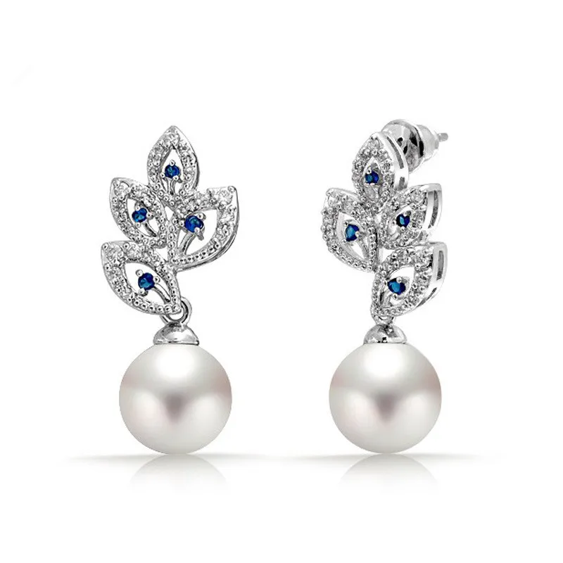 

SLBRIDAL Blue AAA Grade CZ Leaf Wedding Drop Pearls Earrings Pin Luxury Dangle Cubic Zircon Bridal Earring Bridesmaids Earring