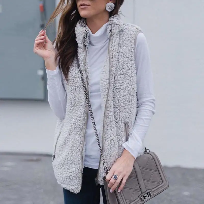 

Women Fleece Vest Stand Collar Warm Zip Up Faux Fur Solid Color Soft Waistcoat with Pockets Fashion Soft Girls Vest Coat