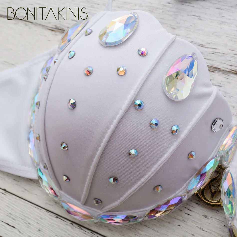 Bonitakinis traje de baño hecho a mano diamante brillo Push Up strass traje de baño cristal Bikini Set sirena mujeres traje de baño trajes de baño
