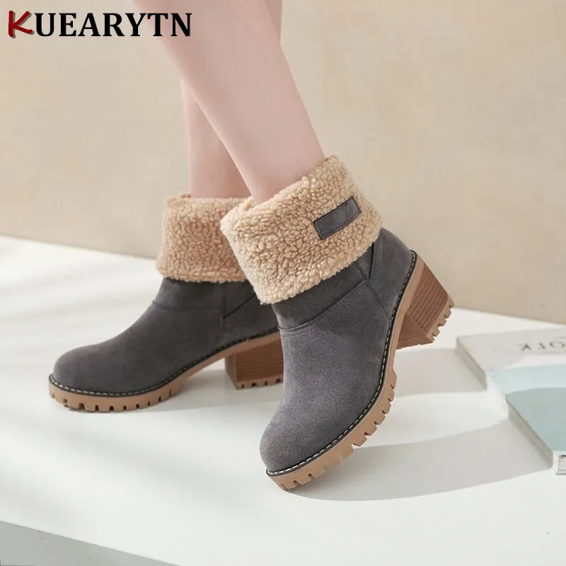 

2019 Brand Women Boots Female Winter Shoes Woman Fur Warm Snow Boots Square heels bota feminina Ankle Boots botas mujer E116