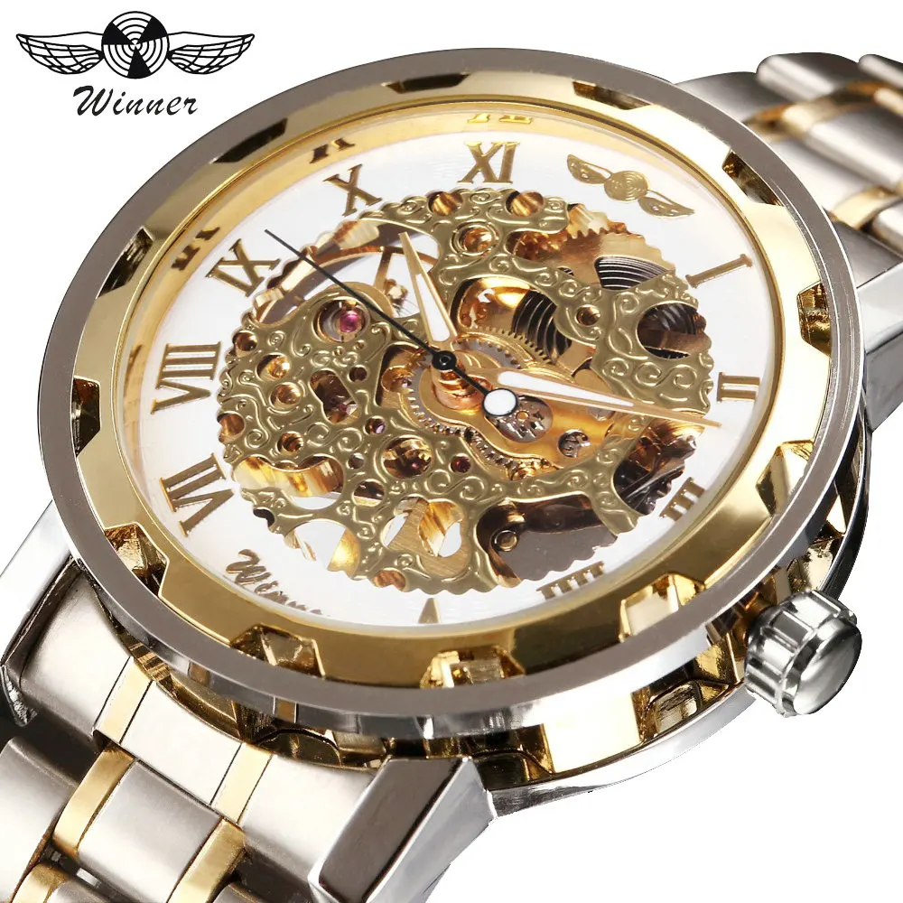 WINNER Golden Watches Men Skeleton Mechanical Watch Stainless Steel Strap Top Brand Luxury T-WINNER Classic Wristwatch 17 COLORs WINNER Golden Watches Men Skeleton Mechanical Watch Stainless Steel Strap Top Brand Luxury T-WINNER Classic Wristwatch 17 COLORs