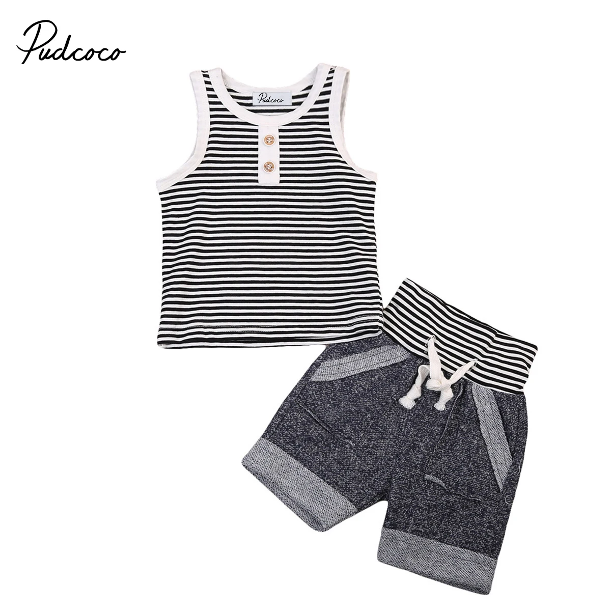 

Summer Baby Boy Cotton Vest T Shirt Tops+Pants 2pcs Outfits Set Sleeveless Striped Button Boys Clothing sets