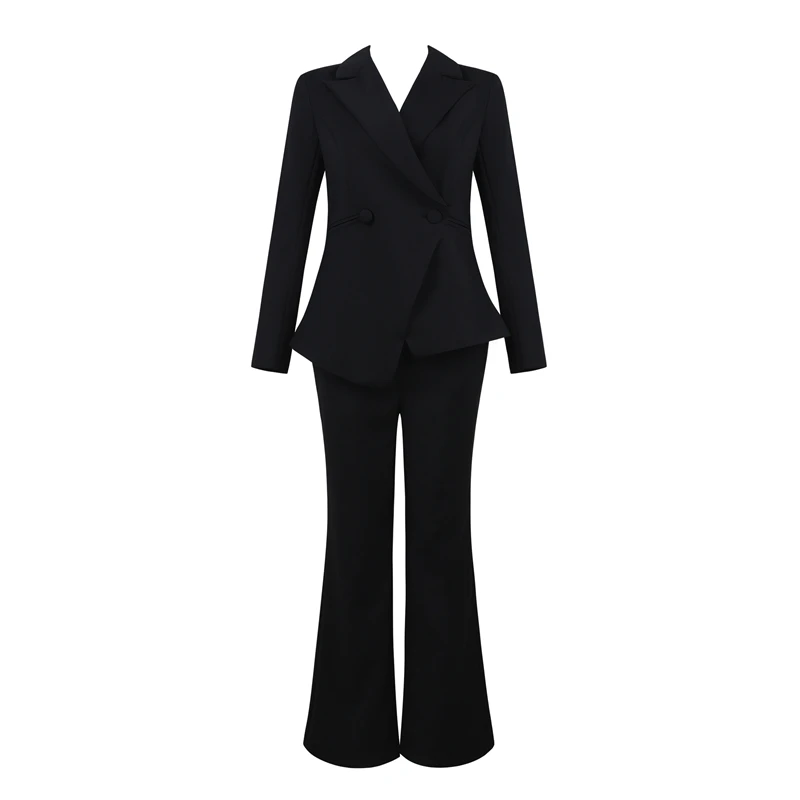 Bqueen 2018 Fashion V-Neck Sexy Blazers Formal Women Elegant Skinny Hollow Out Split Black White Two Pieces Pant Suits Set