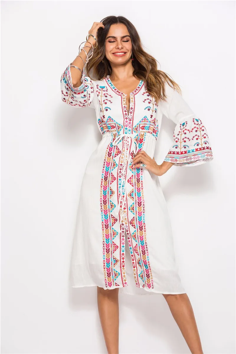 High end Ethnic Style Embroidery Dress Women's Drawstring Waist Slim Fit Dress Summer Vacation