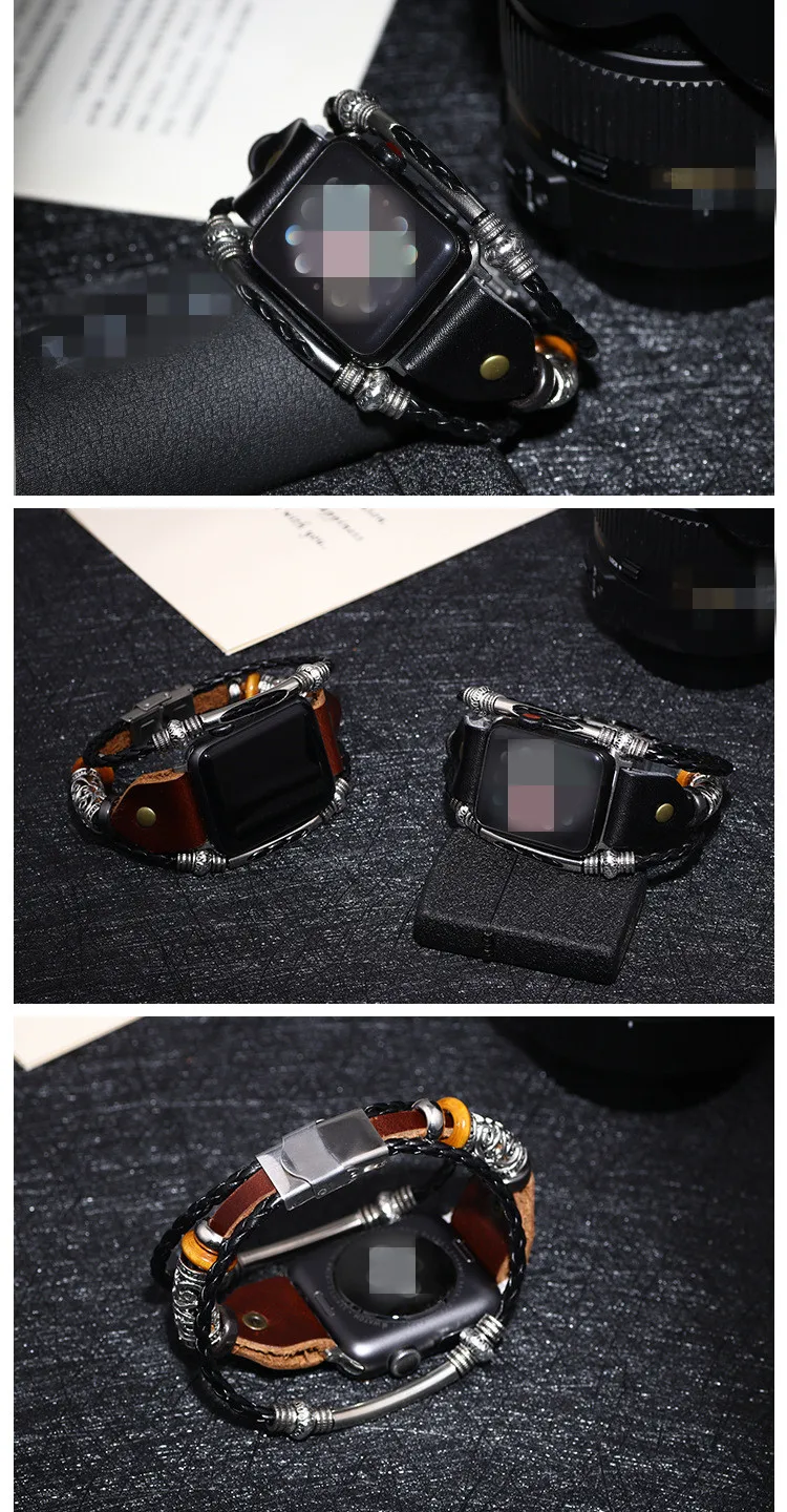 Винтажный ремешок для часов из искусственной кожи, ремешок для Apple Watch, серия 4, 3, плетеный браслет с бусинами, ремешок для iWatch, 44 мм, 42 мм, 38 мм, 40 мм, новинка