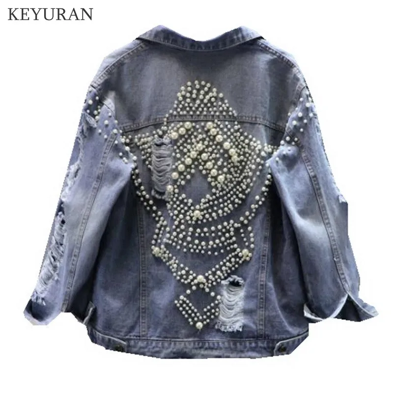 

Pearls Beading Denim Clothing for Women Autumn Diamond Denim Jacket Vintage Harajuku Female Loose Hole Jean Coat L3570