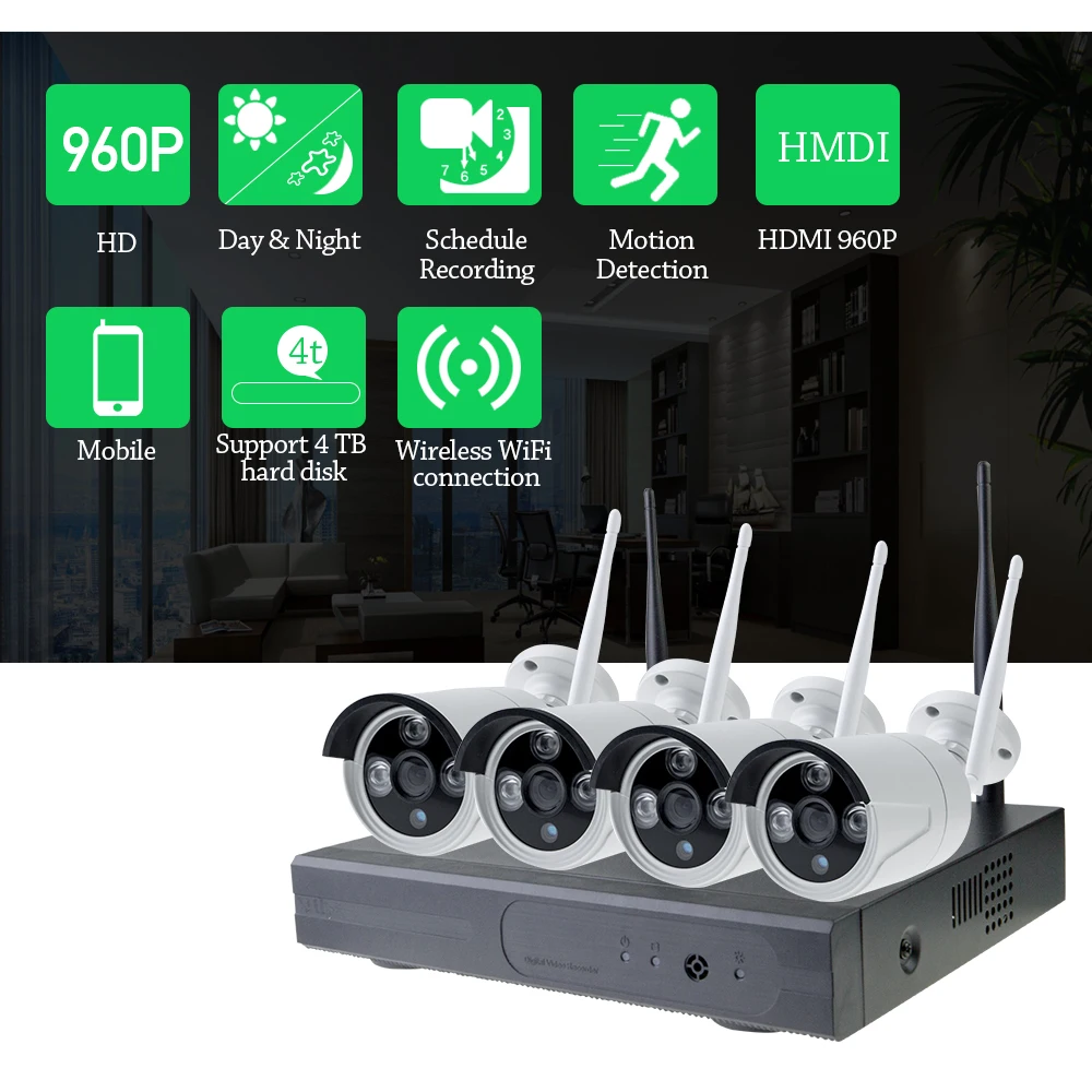 4 канала 960P HDMI NVR шт. 1 3 Мп ИК наружная погодозащищенная P2P CCTV Беспроводная IP камера