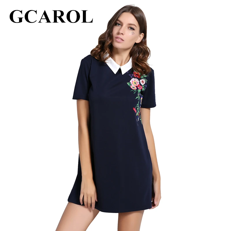 Kopen GCAROL 2017 Vrouwen Euro Stijl Bloemen Borduren Jurk Peter Kraag Ontwerp Hoge Kwaliteit Stretch Mini Vintage Jurk Voor Dames