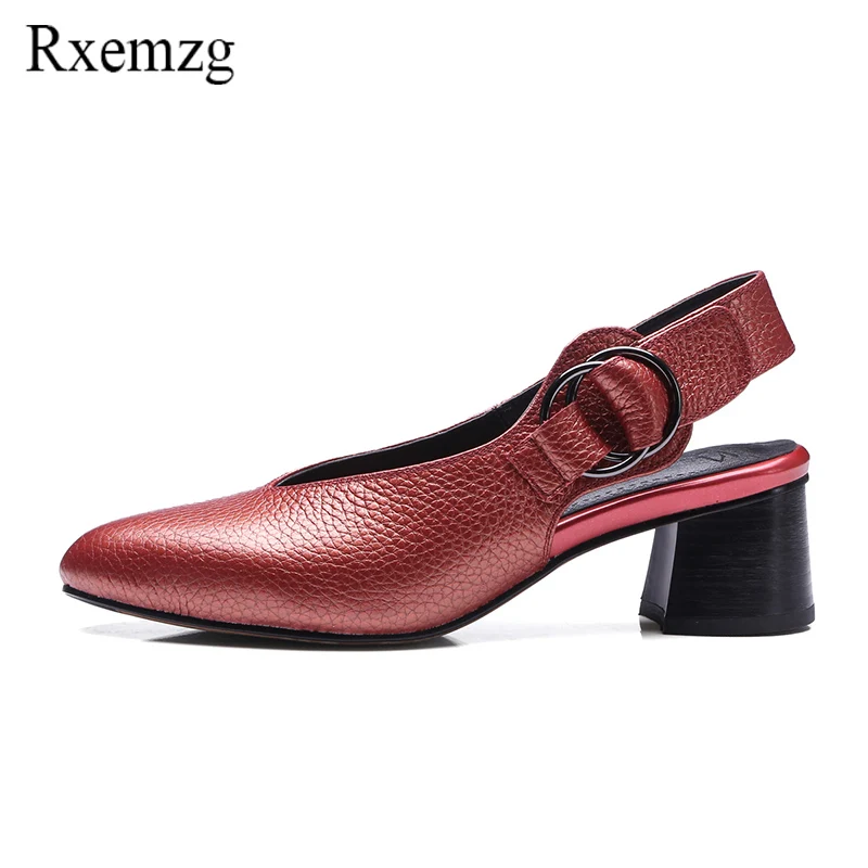 Rxemzg/Новые модные летние женские туфли-лодочки с пряжкой; элегантные тонкие туфли из натуральной кожи с ремешком на пятке на толстом каблуке с круглым носком; большой размер 43