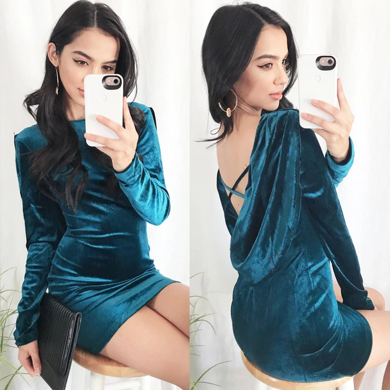 

Spring and fall Best selling women Elegant and sexy halter round neck long sleeve mini dress Fashion youth ladies slim dress