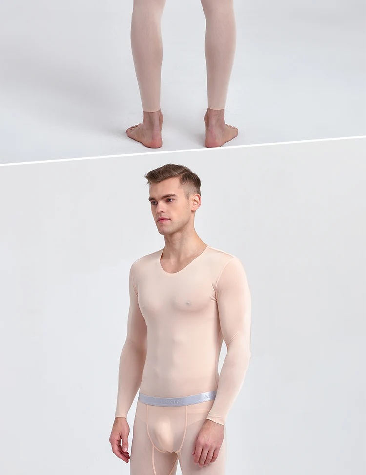 Для мужчин ультра-тонкий лед шелк бесшовные осенняя одежда девять точка костюм Сексуальная Половина через трусы