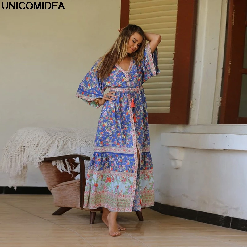 

2019 Women Maxi Dress Floral Boho Beach Dress Button Bohemian Ethnic Dresses Lace Up Vestidos Femme Women Cardigans Two Way Wear