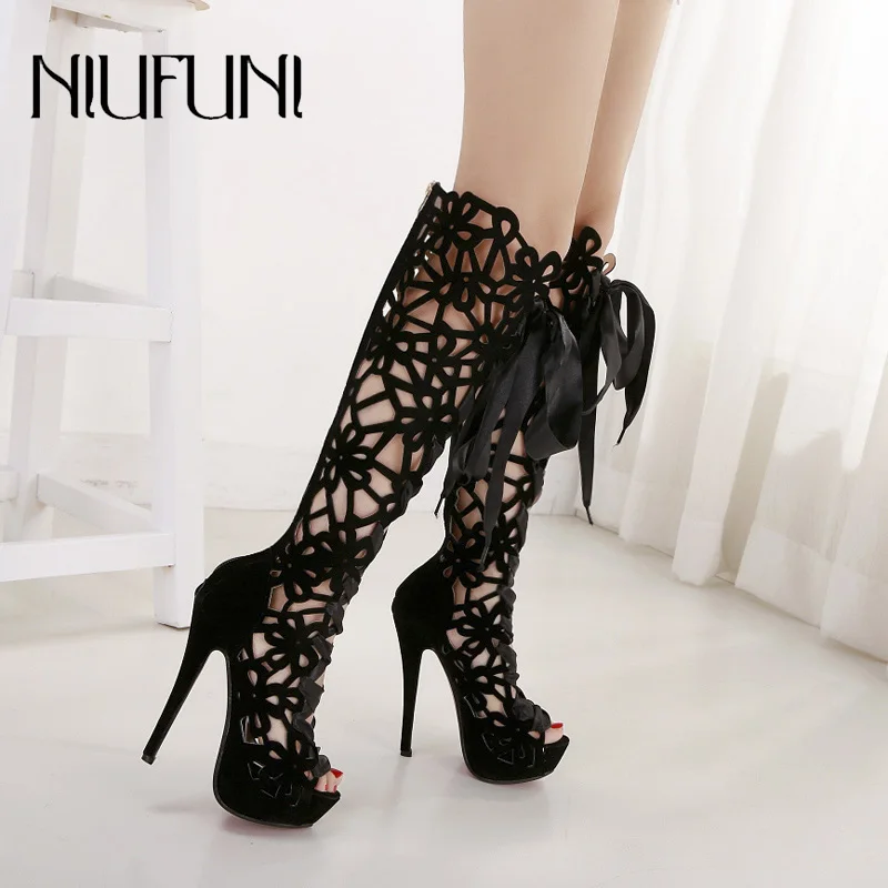 NIUFUNI/ г. ботинки на шпильке с перфорацией женская обувь красивые ботинки на высоком каблуке с открытым носком пикантная обувь для ночного клуба женские сапоги до колена