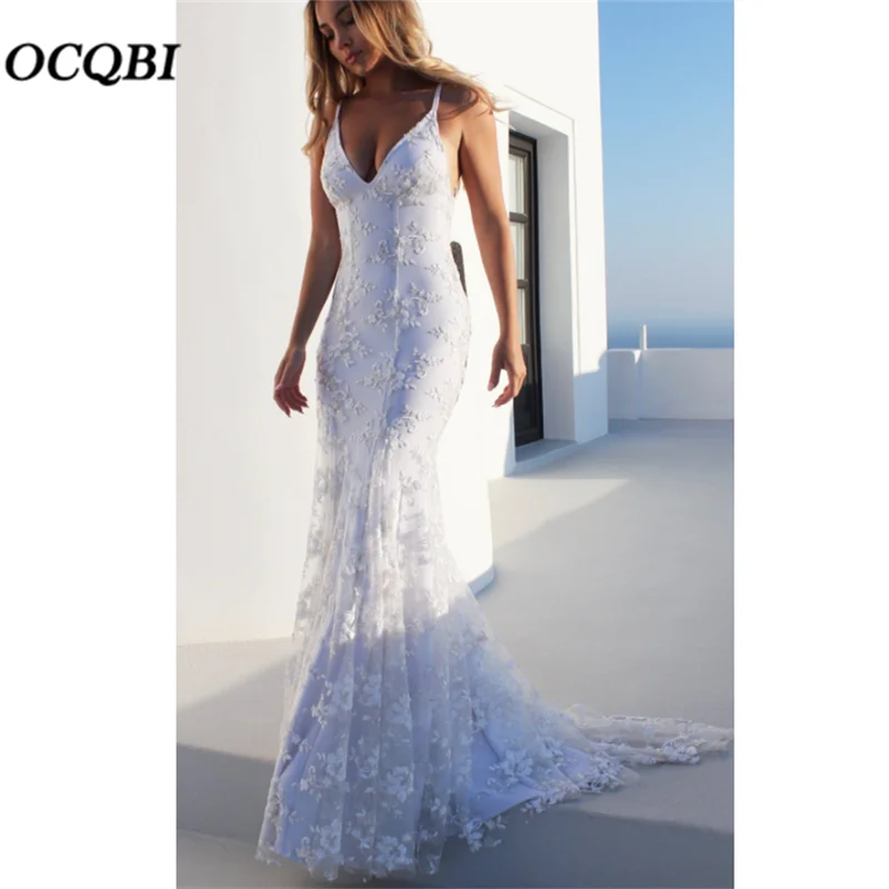 

2018 Women Summer Backless Trumpet Sundress Sexy Bandage Backless Vintage Elegant Party Maxi White Dress