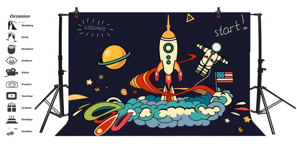 Laeacco Baby Party Comics Spaceship Rocket Astronaut Photography Backgrounds Customized Photographic Backdrops For Photo Studio