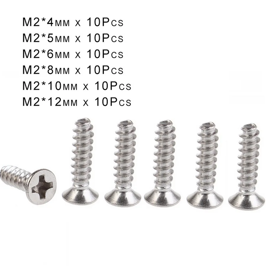 60Pcs M2 Phillips Flat Head Screws Countersunk Head Self Tapping Flat Tail KB Small Screws Set