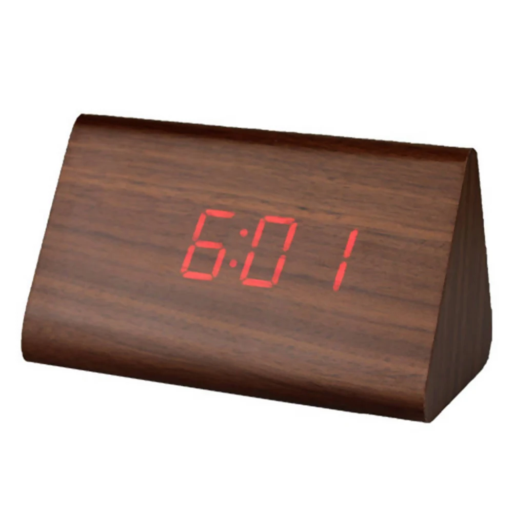 Modern Triangle LED Wooden Alarm Clock Classical Digital Sound Control