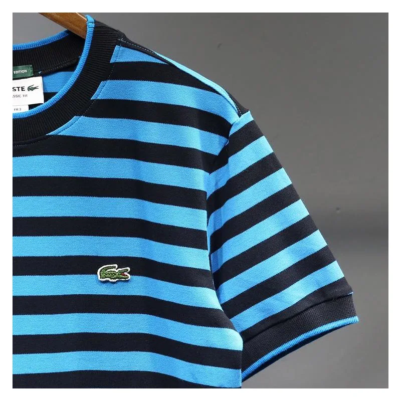 Lacostelegend T Shirt mens classic summer cotton fitness Short Sleeve Tees Casual breathable stripe shirt ropa deportiva hombre