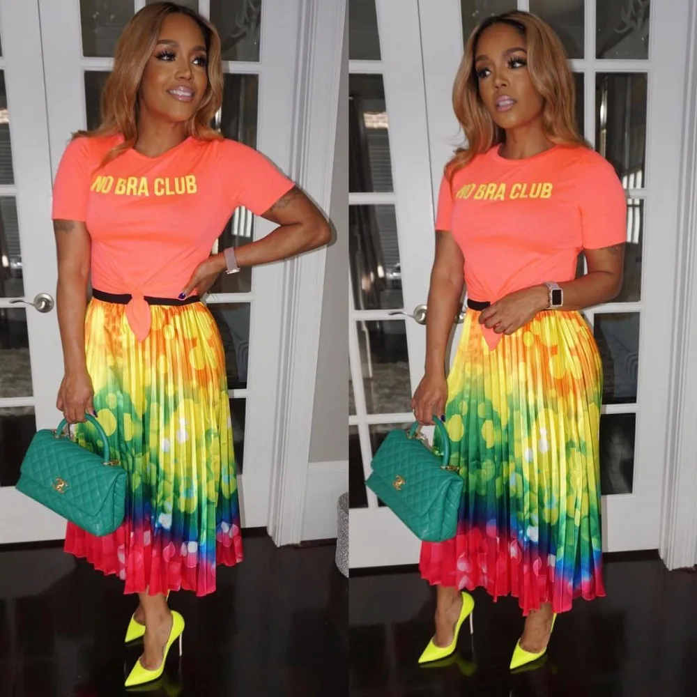 Летняя модная плиссированная юбка в уличном стиле с принтом радуги, большие размеры