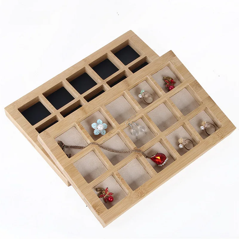 Hot selling Bamboo 15 Grids Jewelry Display Tray Earrings Nexklaces Pendants Rings Jewelry Props Simple Jewelry Packaging sales