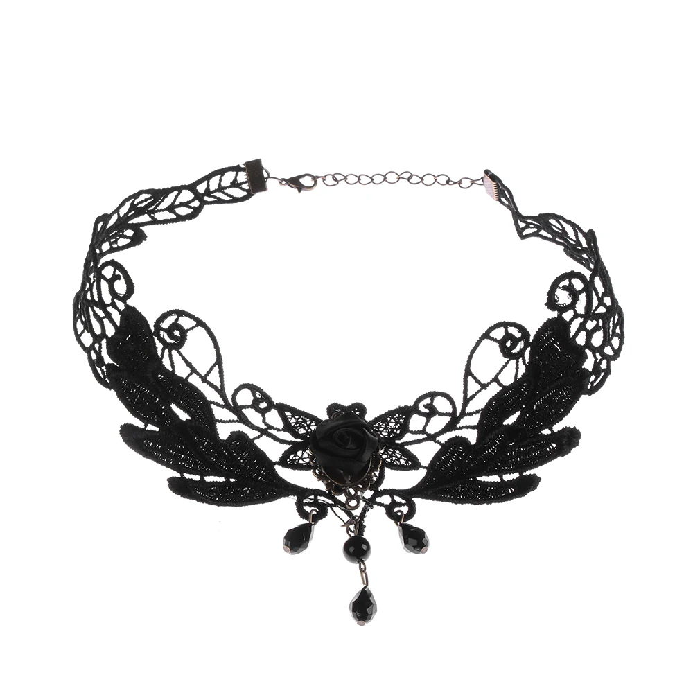 1 шт., женский стиль, черная ткань, цветок розы, бусины, кулон, кружевное ожерелье-чокер, готическое ювелирное изделие, ложный воротник, массивное ожерелье