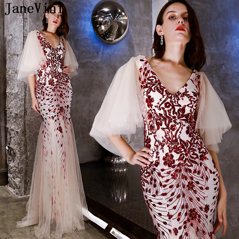 JaneVini блестящие красные расшитые блестками Длинные свадебные платья африканские сексуальные глубокий v-образный вырез Половина рукава в стиле Русалочки без спины торжественные платья для выпускного