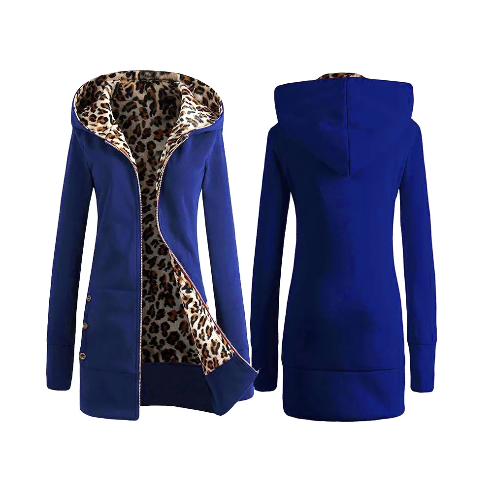 Женское зимнее пальто с леопардовым принтом, на молнии, с капюшоном, с длинными рукавами, с флисовой подкладкой, облегающее, NGD88 - Цвет: Синий