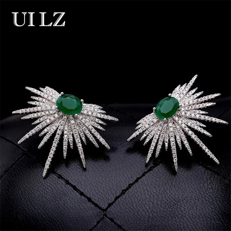 

UILZ Punk Style Spike Shape Earring White And Green Stone Pave Sparkly Star Galaxy Stud Earrings Jewelry For Women UE628