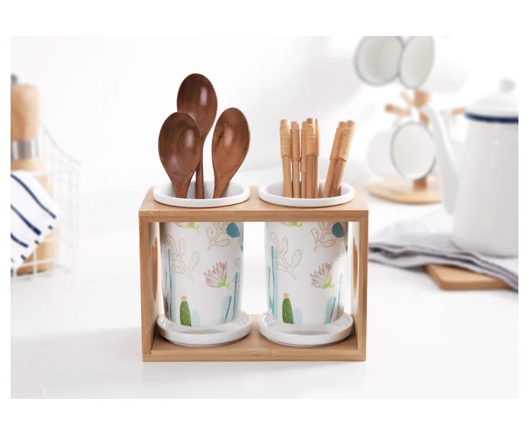 

Ceramic Spoon Fork Knife Chopsticks Draining Holder With Bamboo Frame Kitchen Organizer Do Not Including Dinnerware