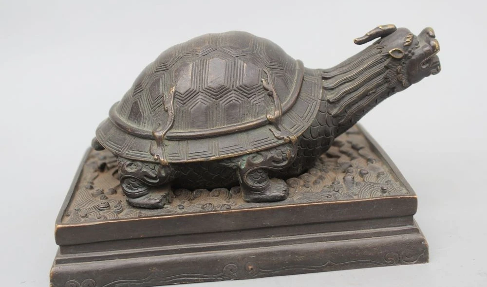 

6"Chinese Palace Pure Bronze Copper Foo Dogs Lion beast Dragon Turtle Statue