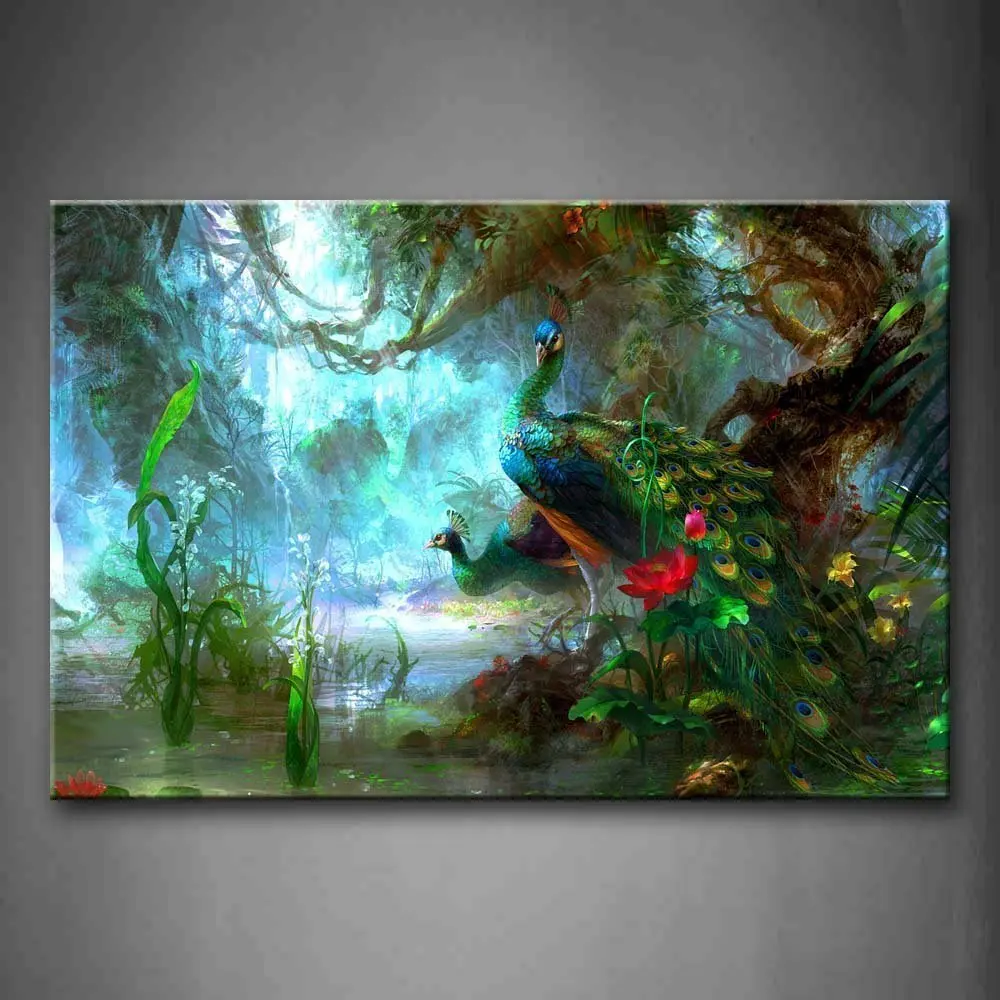 NAN Wind Canvas Print Peacocks Walk In Forest Beautiful Wall Art
