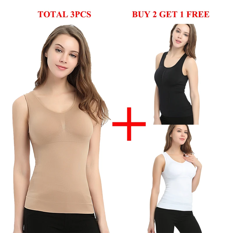 Baratos 3 uds de talla grande Bra Cami camiseta sin mangas mujeres Body Shaper extraíble Shaper corrector ropa interior adelgazamiento chaleco forma de corsé