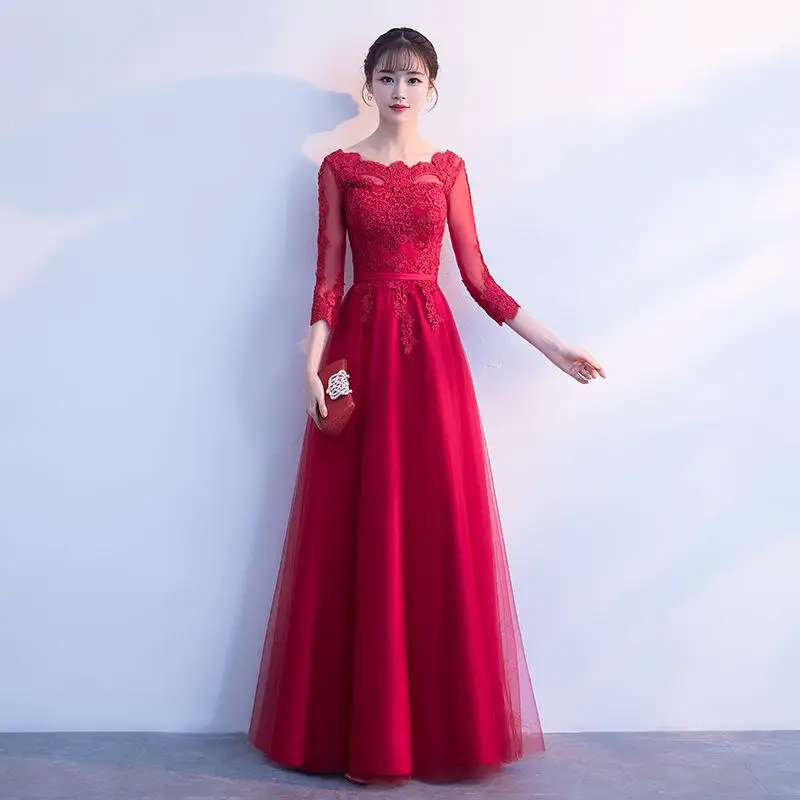 Свадебное платье подружки невесты цвета шампанского, китайское женское элегантное кружевное платье Ципао с длинным рукавом, XS-XXXL - Цвет: Style 4