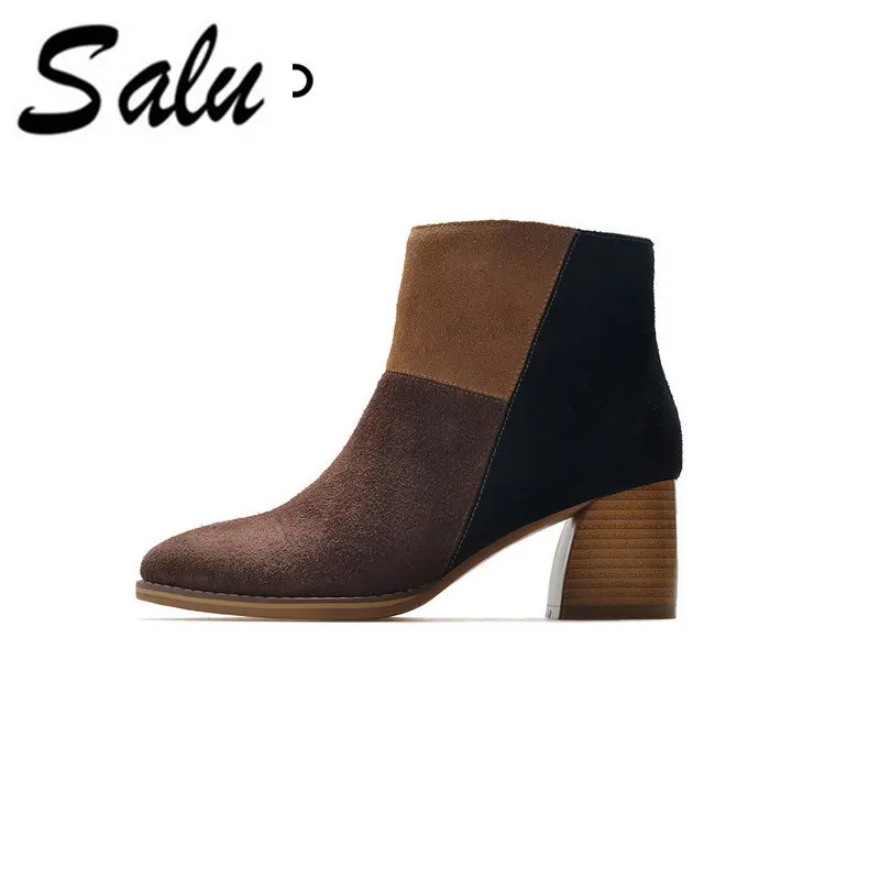 

Salu 2018 new Genuine leather Women Ankle Boots Square Heel Round Toe Elastic Band Winter Shoes Elegant Ladies Boots