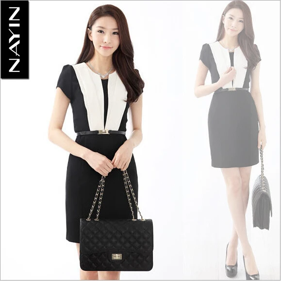 Brand Korean Elegant Black And White Patchwork Dress Slim Work Brand Korean Elegant Black And White Patchwork Dress Slim Work Office Lady Casual Summer Women Plus Size S 5xl With Belt In Dresses From