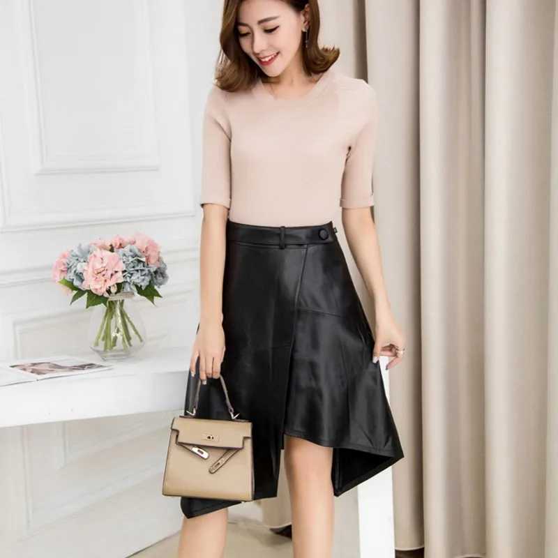 

Top Quality Womens Genuine Leather Sheepskin Knee Length Skirts Asymmetrical Button Natural Waist Streetwear Skirts Spodnica