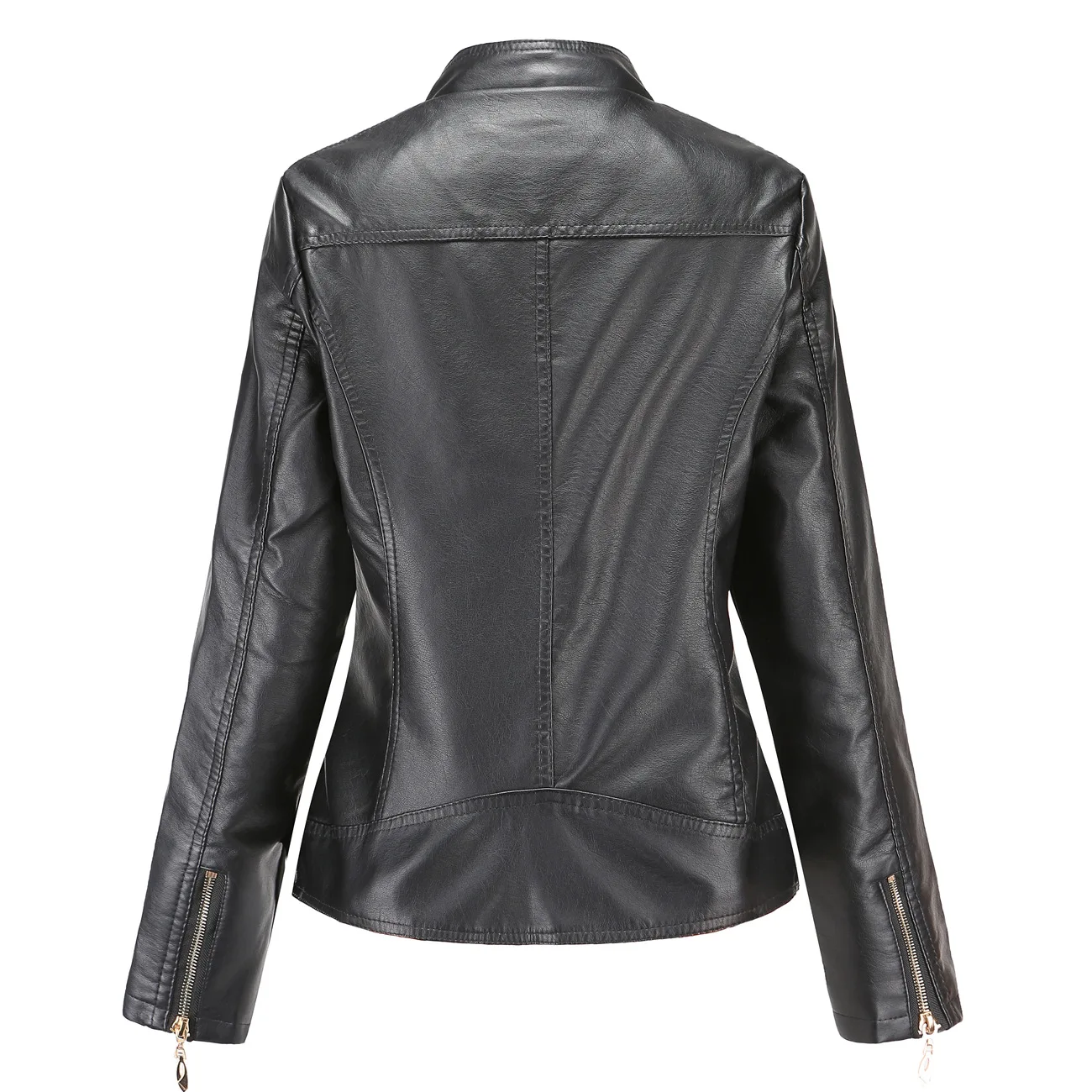 Женская кожаная куртка с воротником стойкой черная мотоциклетная из