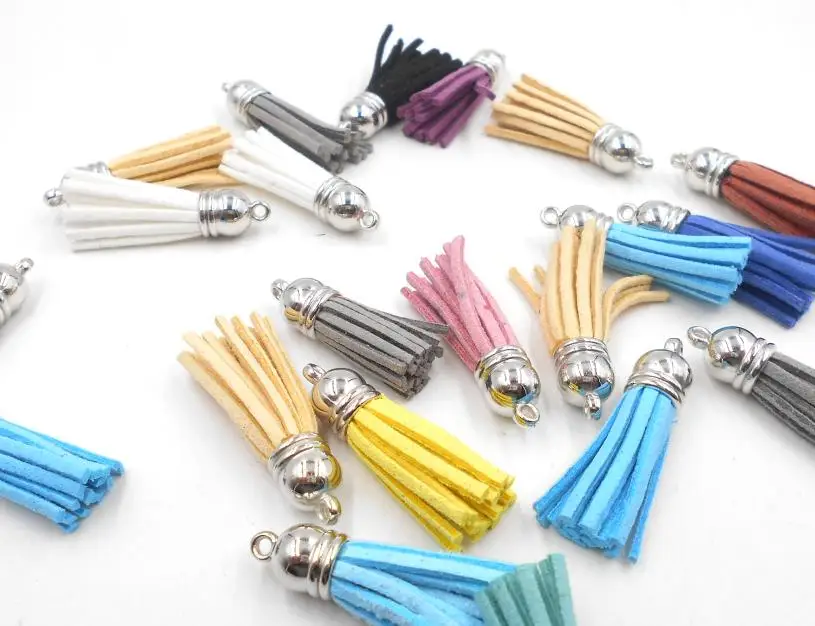 

38mm Mixed Color Suede Tassel For Keychain Cellphone Straps Jewelry Charms 10pcs Leather Tassel gold Metal Caps Diy Accessories