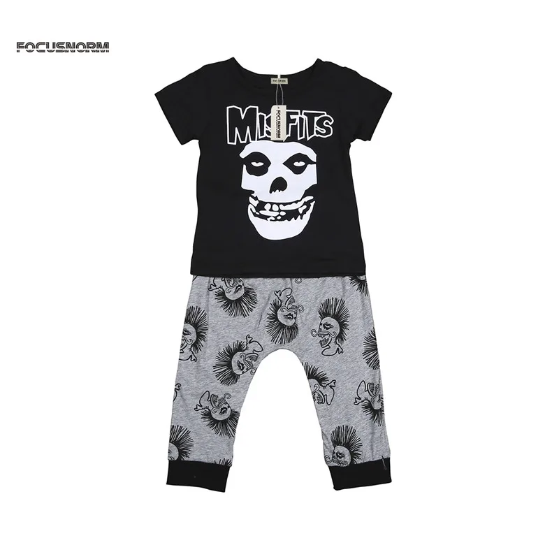 Summer 2pcs Cotton Kids Baby Boys Outfit Long Sleeve Skull Tops Pants ...