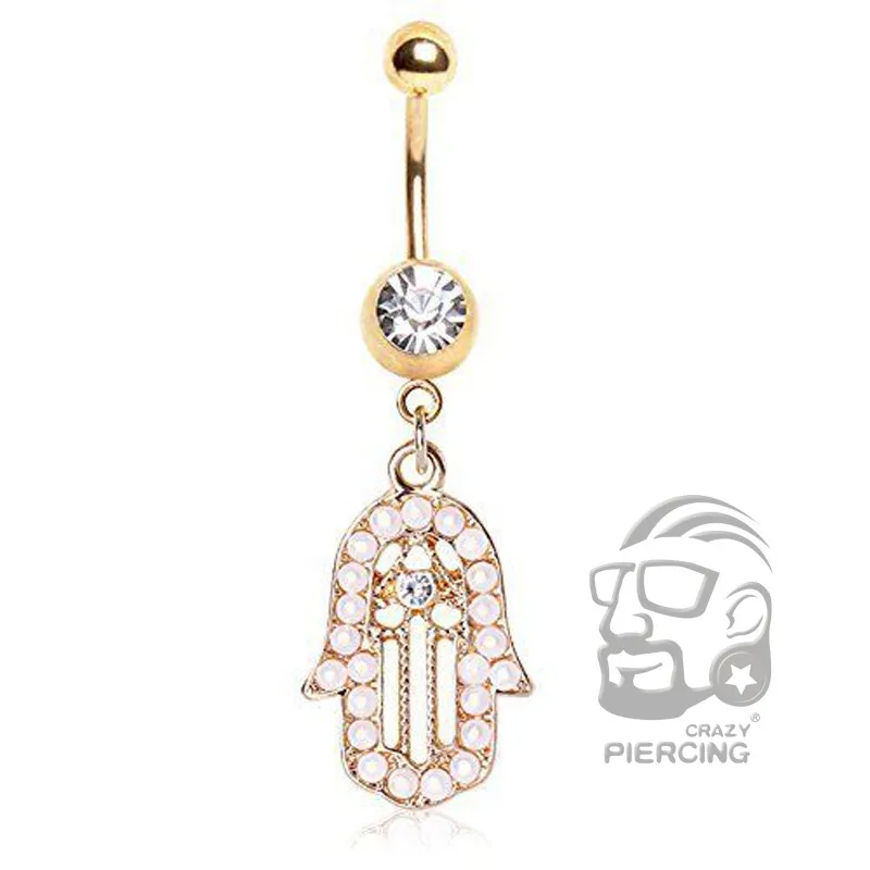 Hamsa Amulet Dangle Navel Ring with Pearls Gold Plated