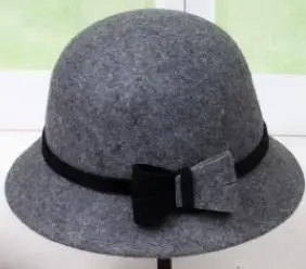 grey Винтажная шляпа-котелок из шерстяного войлока котелки для женщин черный бант узел купольные фетровые шляпы свернутые круговые женские шляпы Fedora Chapeu Feminino A104 - Цвет: grey