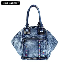 KISS KAREN Rivet Vintage Fashion Denim Bag Women Tote Bag Jeans Ladies Handbags Women's Shoulder bags Casual Totes Trapeze Bags kiss karen luxury rhinestone women s shoulder bags fashion women handbags designer lady tote bag women casual tote