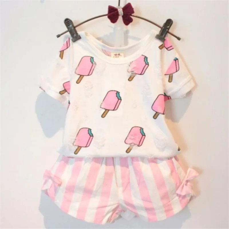 

New arrived casual Summer Style Children Clothing Sets Baby Girls Set Kids Girl Clothes Ice Cream Hole T-shirt & Bow Short Suit
