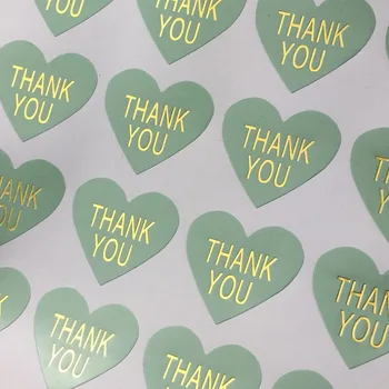 

500 PCS/Lot Thank you Labels Mint green Color Heart Thermoprinting Gold Scrapbooks Sticker Labels Adhesive For Gift/Bake/Jewelry
