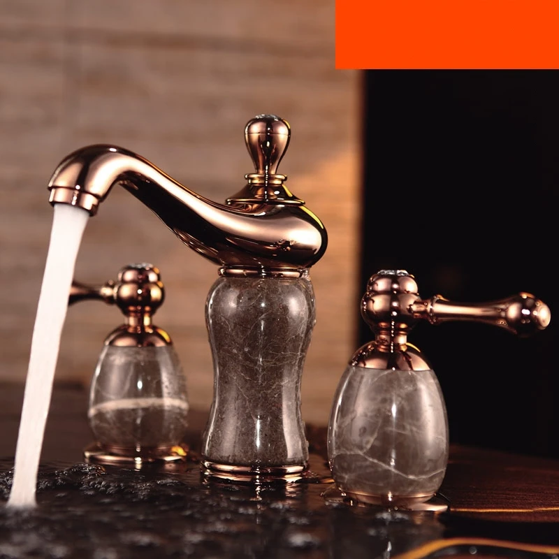 Luxury natural jade Solid Brass Ti PVD Finish Gold 3 Pieces Faucets Set