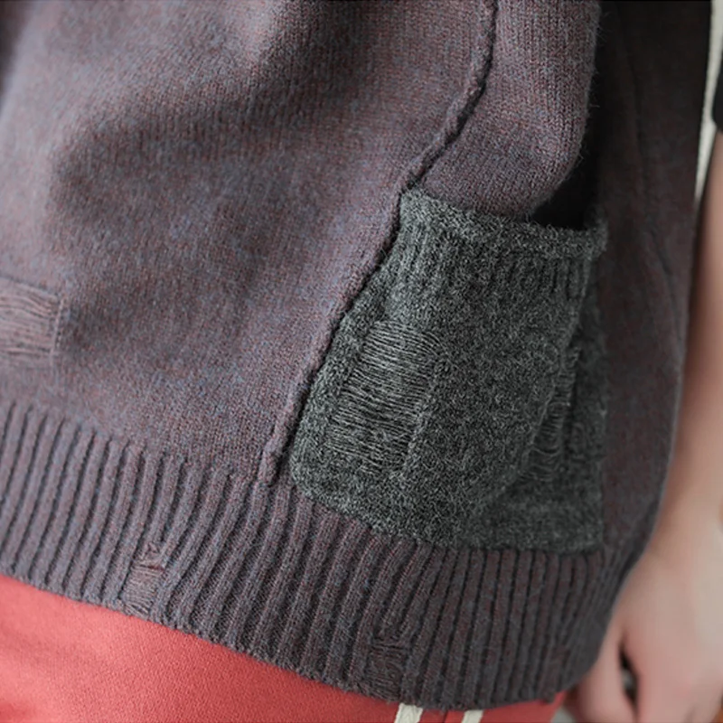 Johnature Women Autumn Pullover Sweater O-Neck Long Sleeve Patchwork 2018 Fall New Knitted Cotton Pockets 3 Color Women Sweaters