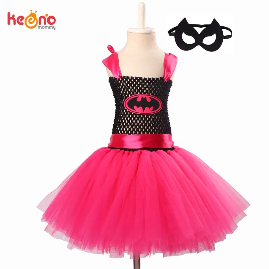 Bat Girl Halloween Costume Girls Hot Pink Tutu Dress with Mask Kids Super Hero Cosplay Fancy Vestidos Baby Dress  (11)