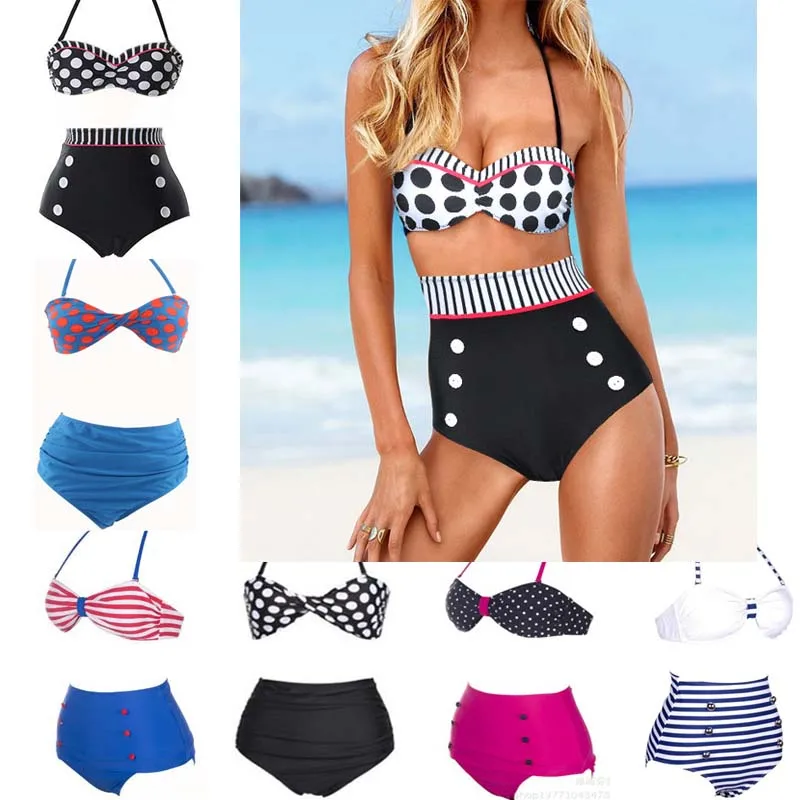

2017 New High Waist Swimsuit Vintage High Waisted Bikini Women Dot Striped Bathing Suit Biquini Swimwear Biquini Retro Swimwear
